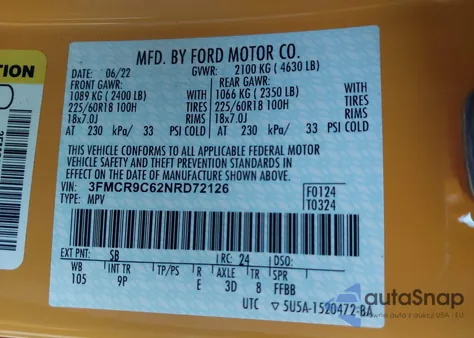 2022 Ford Bronco Sport Outer Banks из США, поврежденный, VIN 3FMCR9C62NRD72126